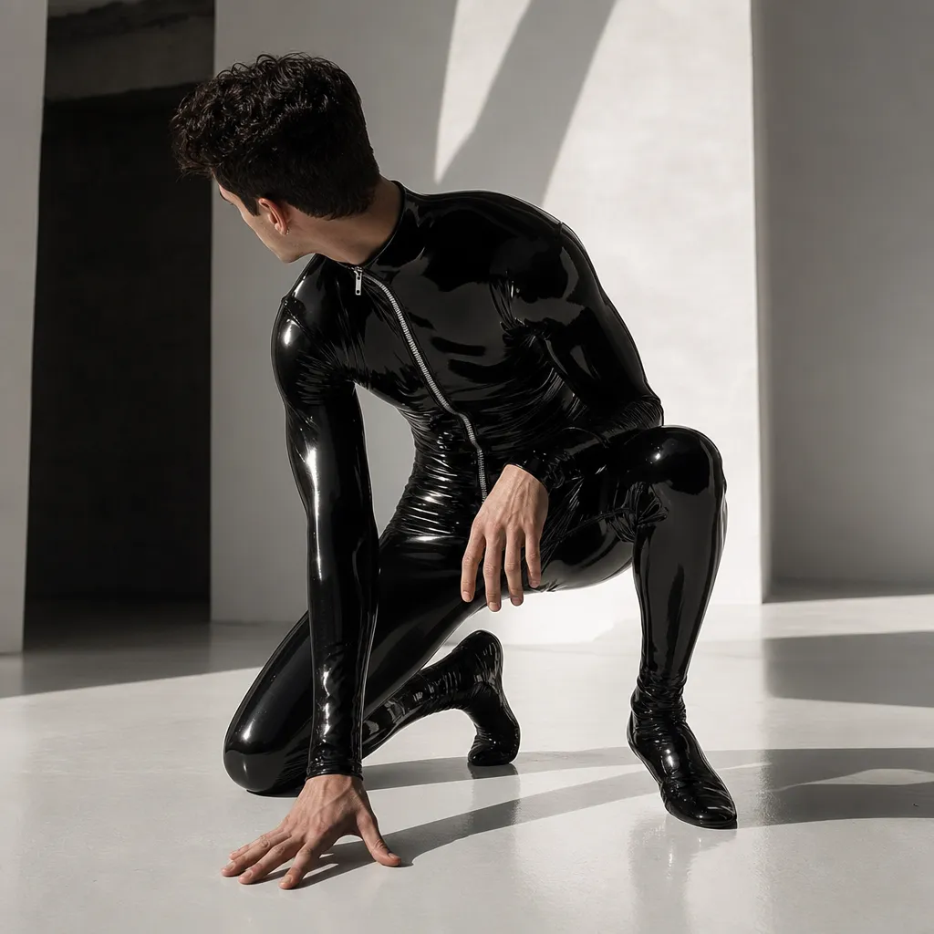 Male model in a full-body black latex enclosure suit with attached toe feet, seated pose highlighting the seamless leg-to-toe construction