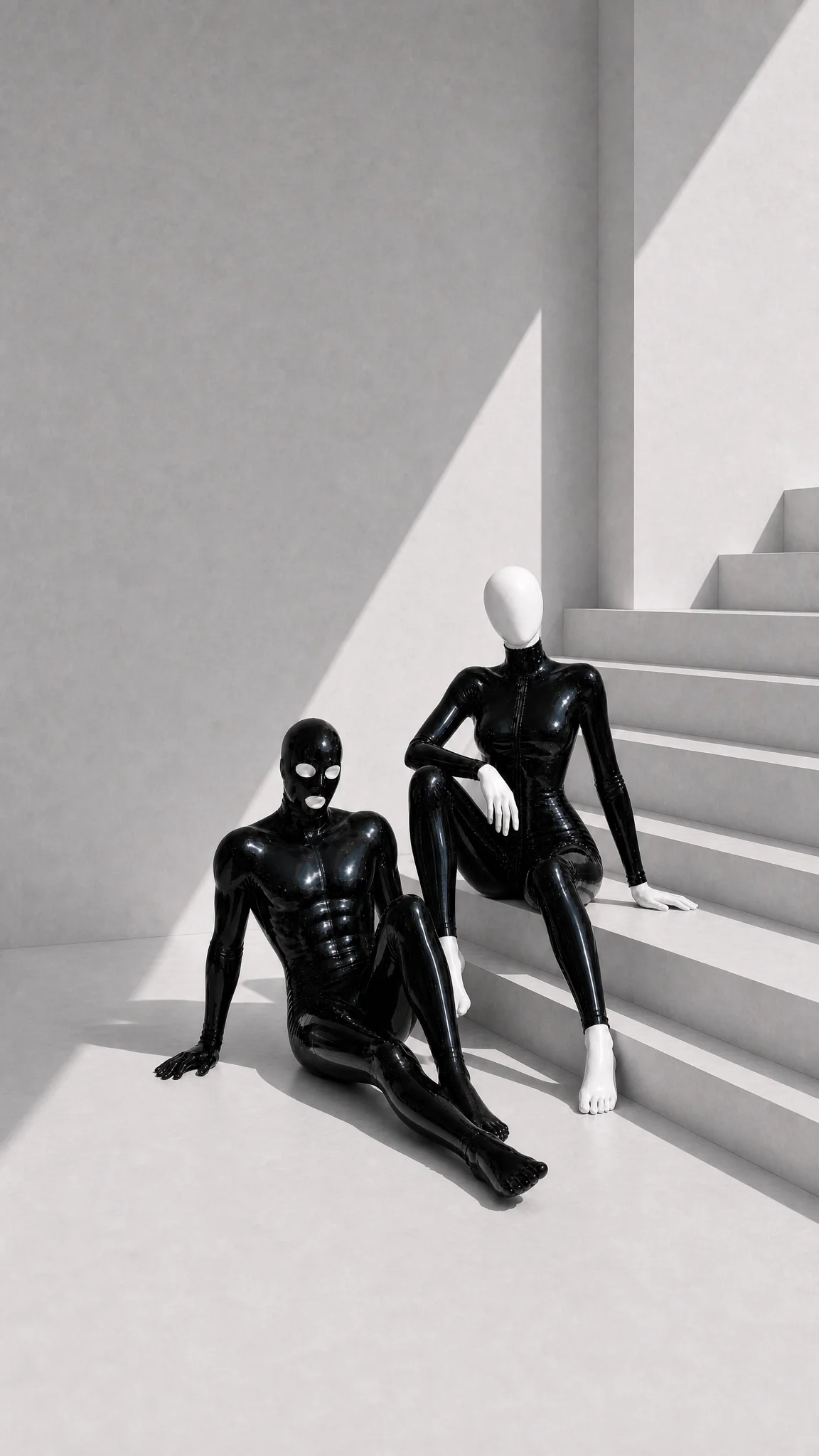 Made-to-measure black latex catsuits on mannequins